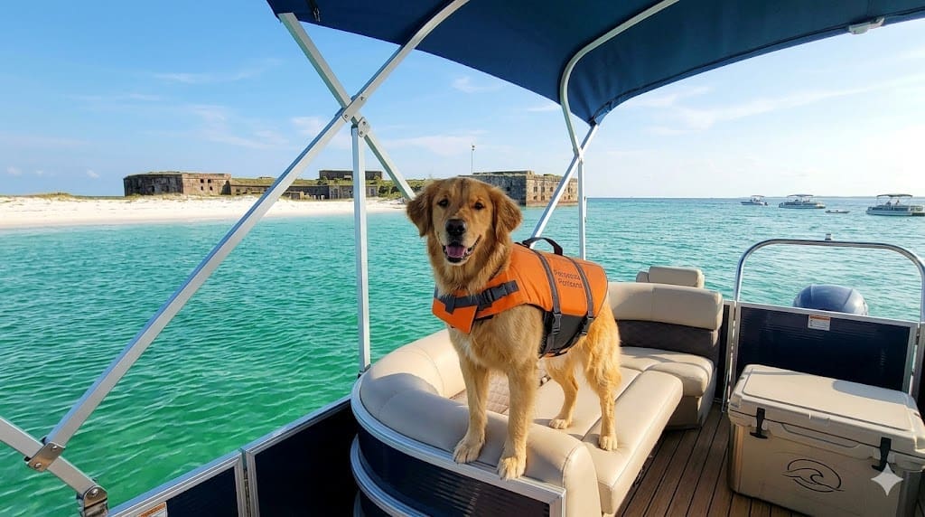 A happy Golden Retriever wearing an orange life jacket stands on the spacious deck of a luxury tritoon boat. The clear emerald waters of Pensacola Beach surround the boat, with the white sand of Sand Island and the historic brick structure of Fort McRee visible in the background.