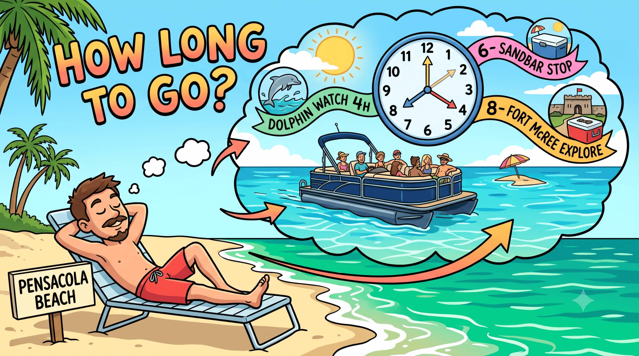 A cartoon of a person on Pensacola Beach dreaming about whether to rent a pontoon boat for 4, 6, or 8 hours.